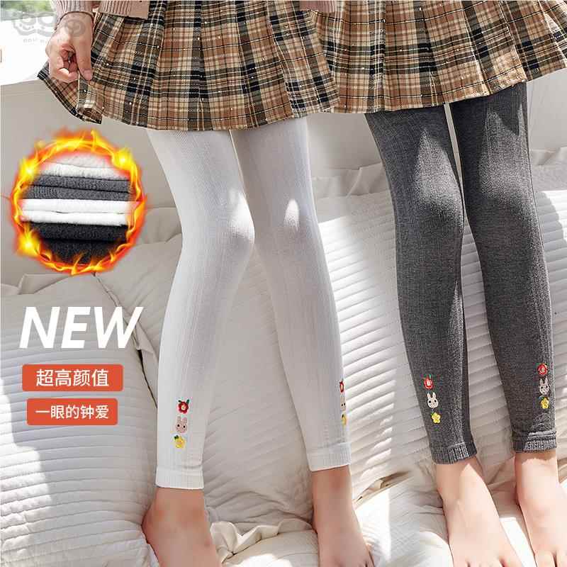 女童打底裤秋冬装加绒加厚外穿纯色宝宝新款棉裤薄绒儿童裤子洋气