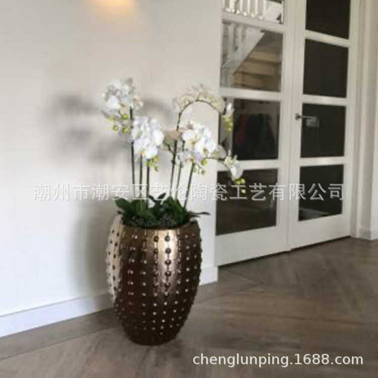 新款简约氧化镁玻璃钢花盆仿真花落地花瓶售楼处客厅商场装饰品