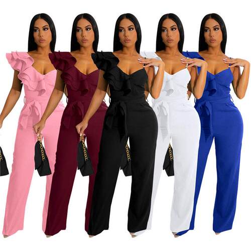 Womens Casual One Piece Jumpsuits VNeck Sleeveless Ruffle