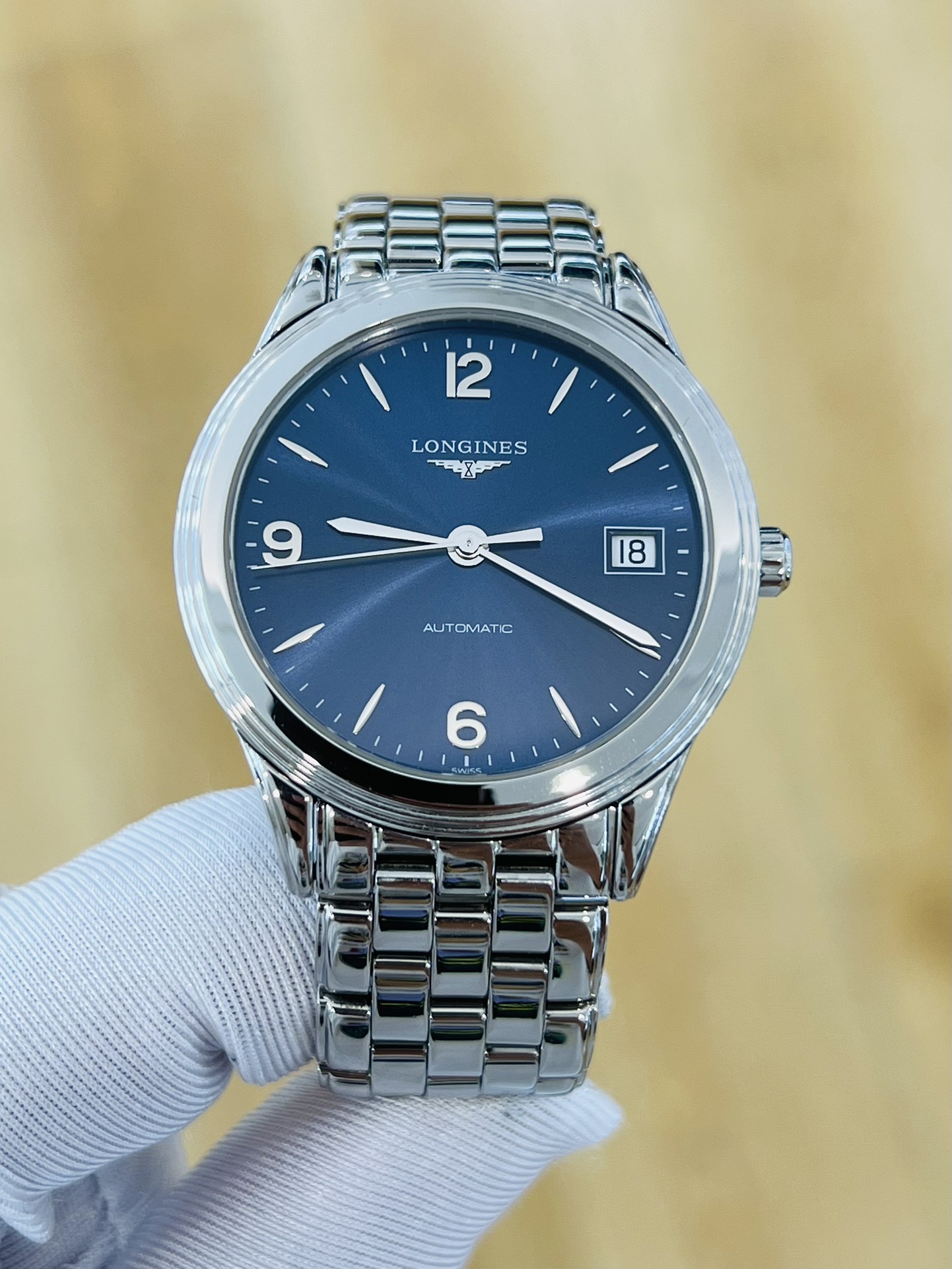 浪琴军旗系列手表男款蓝面日历自动机械男表9.8新L4.774.4.96.6