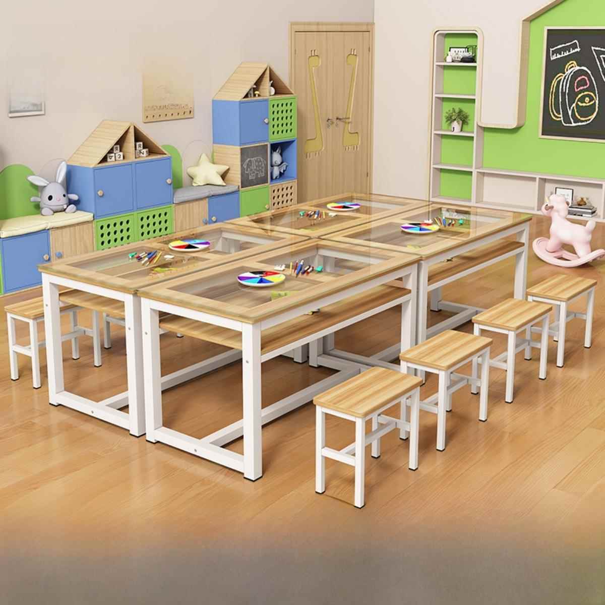 小学幼儿园玻璃美术绘画桌补习辅导培训班课桌椅手工书法画室桌子