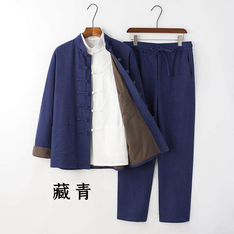新中式连肩袖亚麻三件套男士2026秋冬复古盘扣爸爸装休闲禅服套装