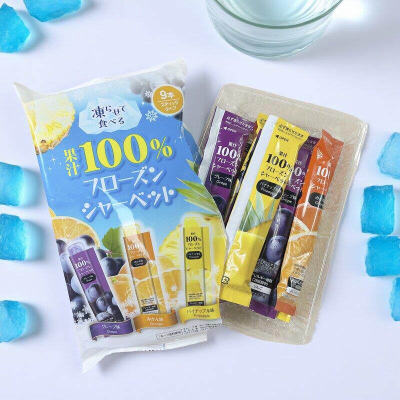 日本理本即食果冻冷冻后碎棒冰凤梨葡萄橙子味9支装进口零食100%