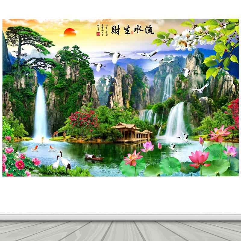 迎客松山水壁画沙发背景墙装饰画荷花流水生财瀑布美景自粘贴纸画图片