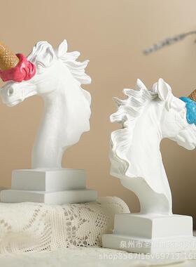 跨境欧式现代热品冰淇淋砸马头雕塑简约卧室客厅玄关桌面装饰摆件