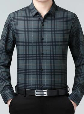 高端羊绒格季衬衫山男秋商子务休闲A623-XL中年爸爸装长袖高级感