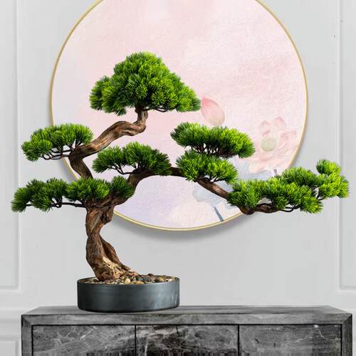 客厅实木迎客松酒店桌面玄关绿植物假松树罗汉松盆景室内摆件