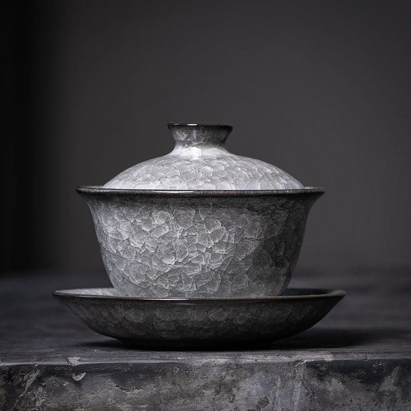 悬停三才盖碗大号单个泡茶杯手工铁胎黑开 片化冰裂纹陶瓷功夫茶