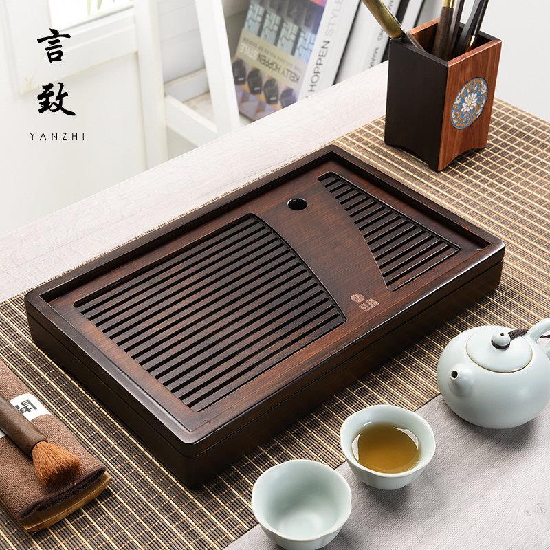 言致家用竹制茶盘简约复古长方形双层储排大号茶托盘创意茶具茶台