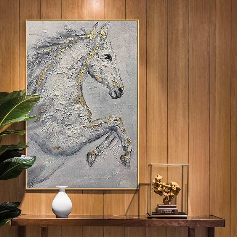 纯手绘油画侘寂风美式客厅装饰画竖版立体轻奢餐厅玄关挂画动物马图片
