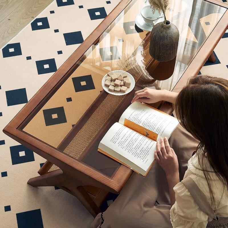 法式小复古茶几实木藤编客厅家用餐两用玻璃现长方形简约无品牌/