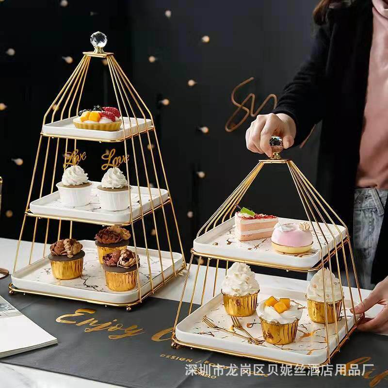 创意北欧双层水果架三层陶瓷方盘蛋糕食物展示架下午茶甜品托盘架