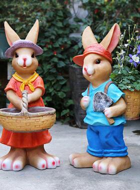 花园卡通兔子摆件 大号落地庭院户外装饰园林 幼儿园创意花盆树脂