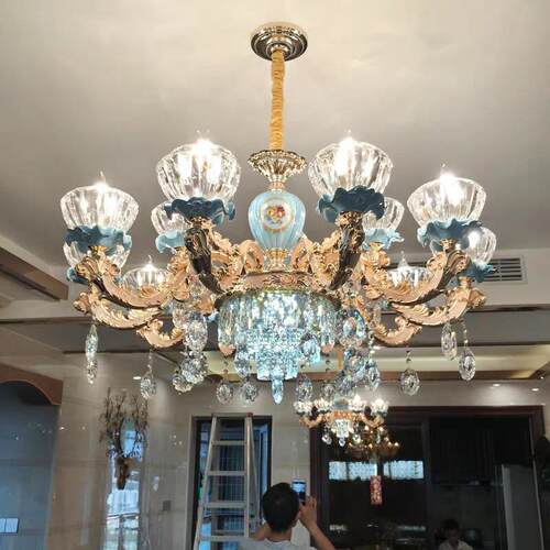 新款晶吊水厅灯欧式客灯大气奢华陶瓷灯329具复式楼别餐墅厅灯饰