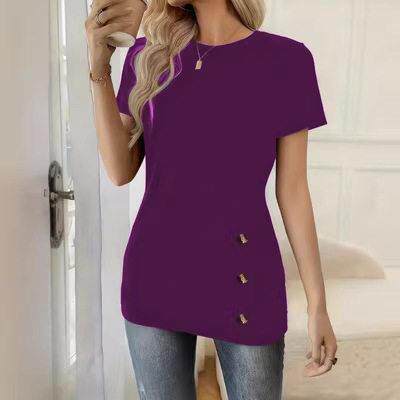 Summer Women Color Round Neck Fitted Shirt Button Decorated