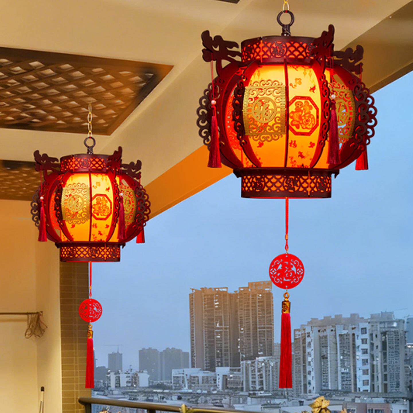春节新中式灯笼阳台挂饰宫灯木制旋转走马灯新年仿古灯笼古风装饰