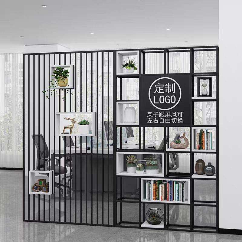 实木隔断置物架书架公司进门logo形象墙展示架铁艺格栅办公室屏风