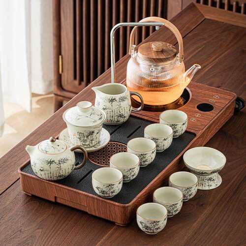 茶具套用汝窑一整家套轻奢高档客小YLM一体型自动厅茶盘装茶台烧