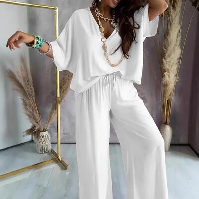 Women V Neck Bat Sleeve Color Drawstring Casual Leg Pants