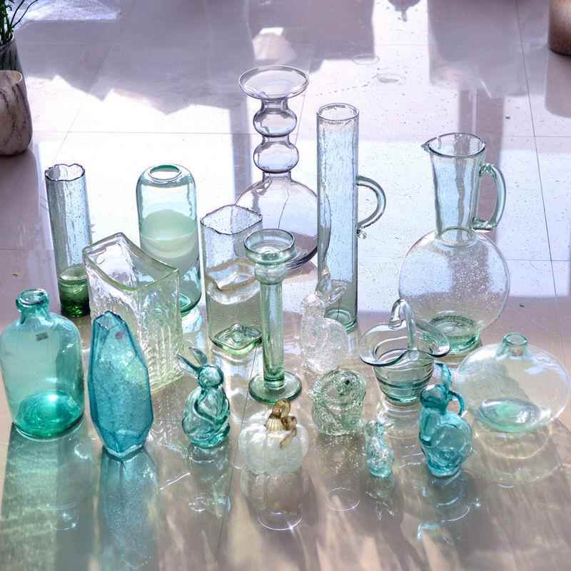 现代简约玻璃花瓶 家居客厅插花装饰品花瓶摆件 蓝色系玻璃花器