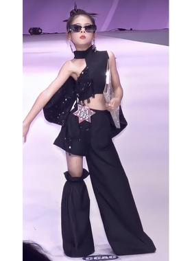 正品童黑色T女台模特秀儿童港风K车模C走P机P车演出服潮服礼服