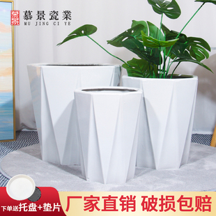 陶瓷大花盆简约百搭白色大号特大号落地家用客厅高筒室内户外庭