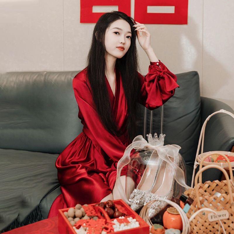 新中式婚礼晨袍睡衣女新娘秋冬高级感睡袍红色结婚睡衣晨拍礼服