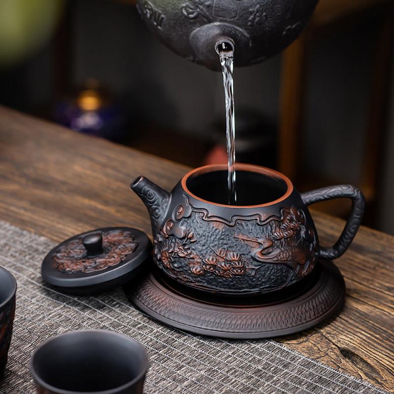 紫陶茶壶单壶浮雕紫泥手工建水紫砂壶西施壶茶具云南手抓壶竹节壶
