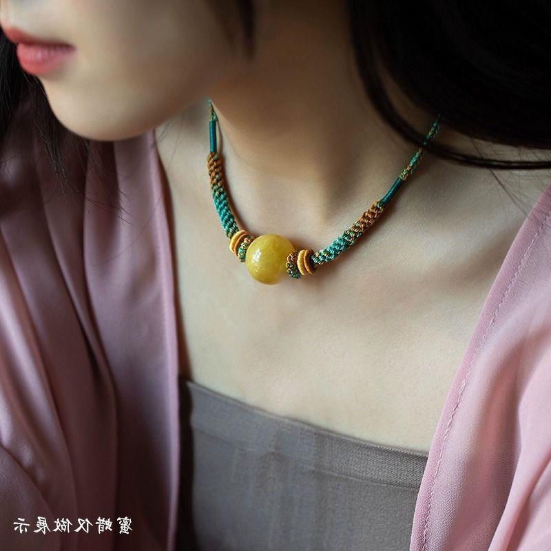新手工编织锁骨炼男女款个性横穿蜜蜡天珠挂绳转运珠毛衣炼可调节