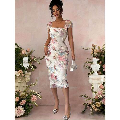 French Floral Square Neck Mesh Dress  Elegant Slim-Fit