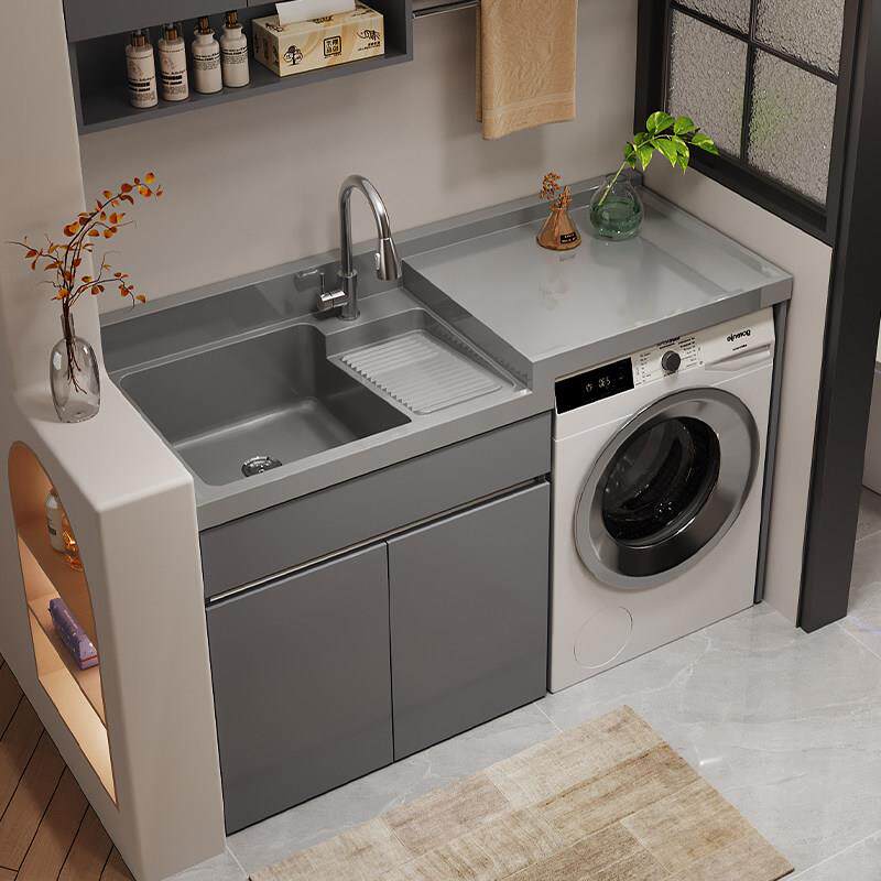 蜂窝铝洗衣柜高低台盆洗衣池槽一体灰色台面滚筒洗衣机柜组合定制