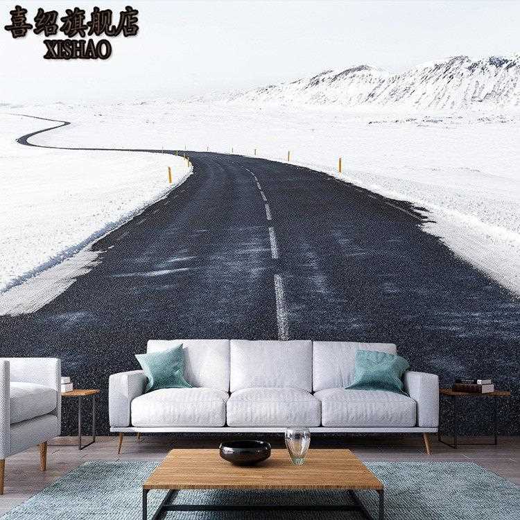 新款直销北欧风景墙纸餐厅公室空间延伸8D沙发背景墙简约雪景公路