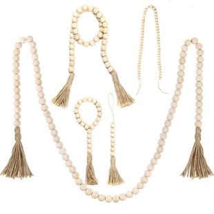 ins亚马逊欧美田园风麻绳木珠流苏串装饰挂饰Wood Bead Garland定