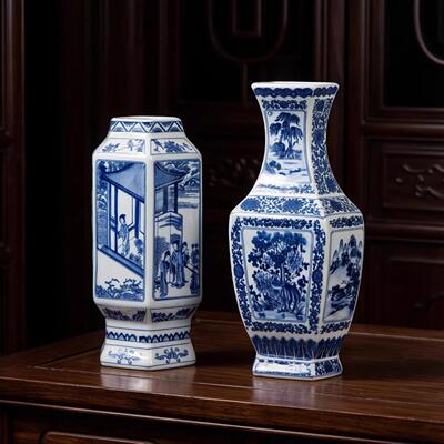 中国风客青花瓷花瓶陶瓷典壁挂花古瓶中式陶瓷壁挂瓶厅茶室FTV摆