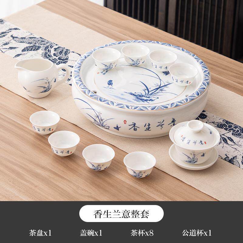 高档整瓷套潮汕白瓷功夫茶具套组家用陶茶壶茶杯圆形茶具简约盘茶