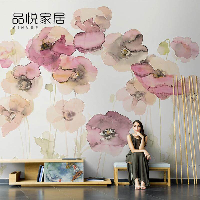 北欧手绘水彩虞美人花卉壁纸创意客厅电视背景墙墙纸无缝墙布壁画