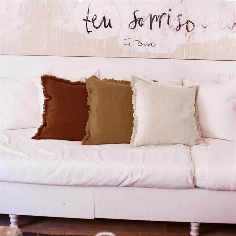 轻奢高级感纯色亚麻毛边抱枕套客厅沙发靠背飘窗腰靠床头靠垫定制