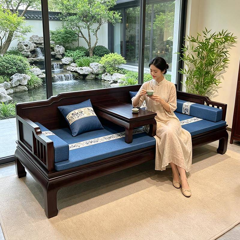 花梨木实木新中式罗汉床三人位直排沙发组合冬夏两用客厅禅意茶桌
