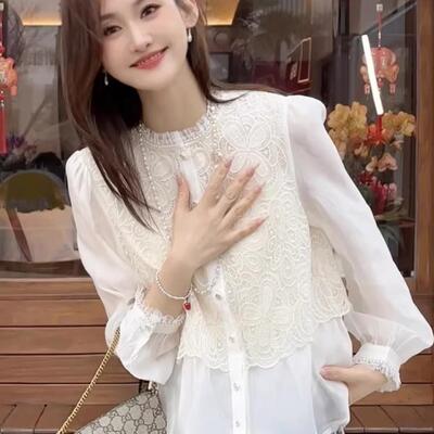 香港TIMO高级感蕾丝拼接长袖衬衫女春季设计感小众休闲显瘦衬衣潮