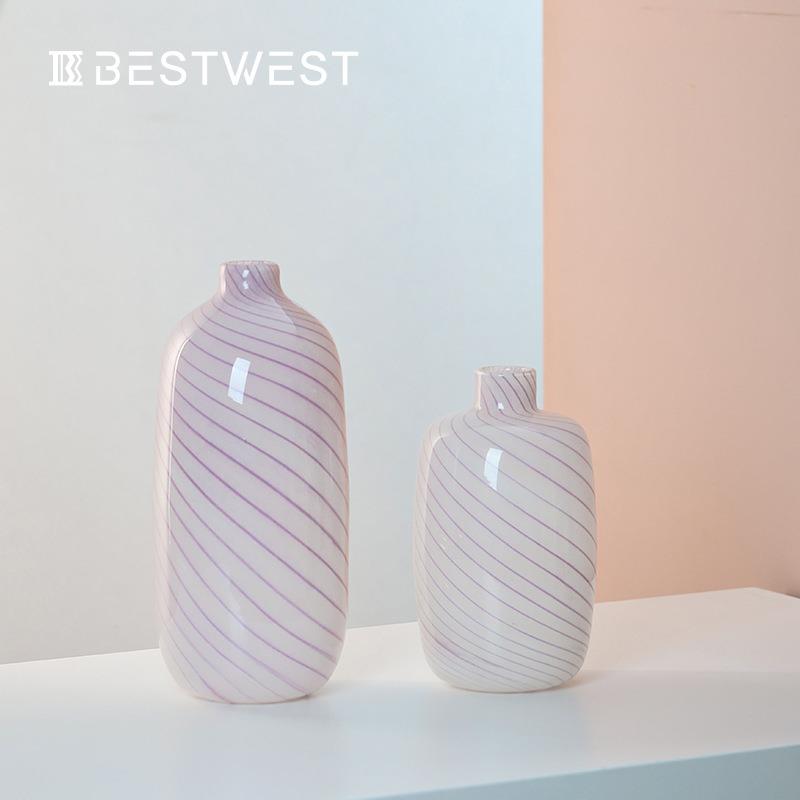 博西家居粉色小口条纹葫芦水培玻璃花瓶摆件家居软装装饰品花器