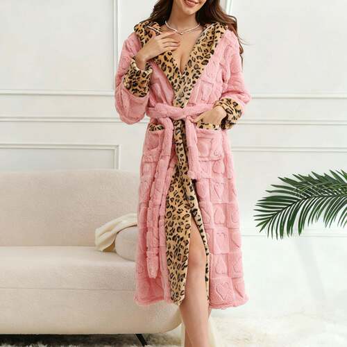 Women Plush Robe Warm Chic Hooded Leopard Loungewear