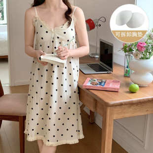 韩版 跨境睡裙带胸垫夏季 甜美风波点泡泡棉吊带睡衣女家居服可外穿