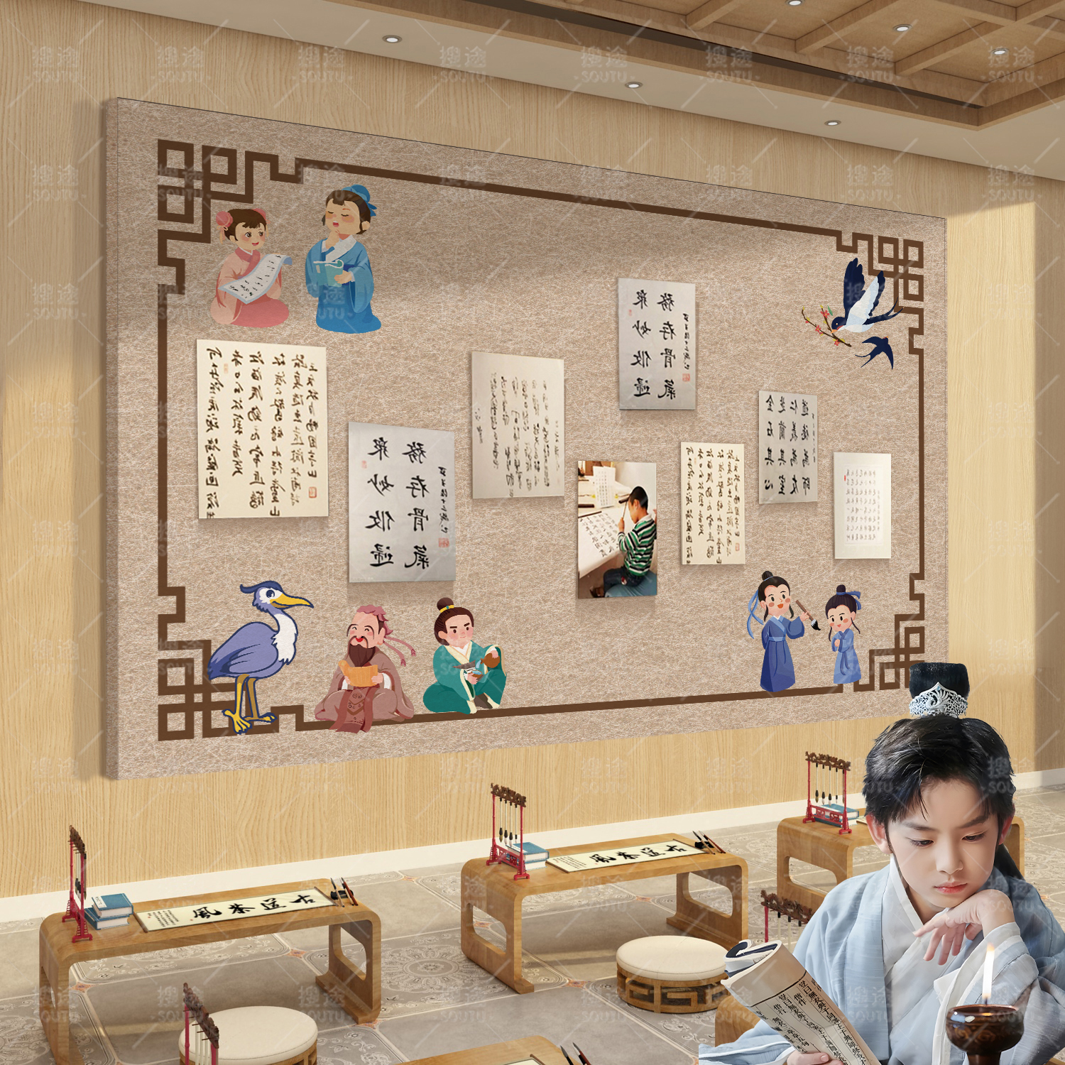 毛毡板墙贴照片墙展示墙背景板墙面装饰书法毛笔字帖国风绘画作品