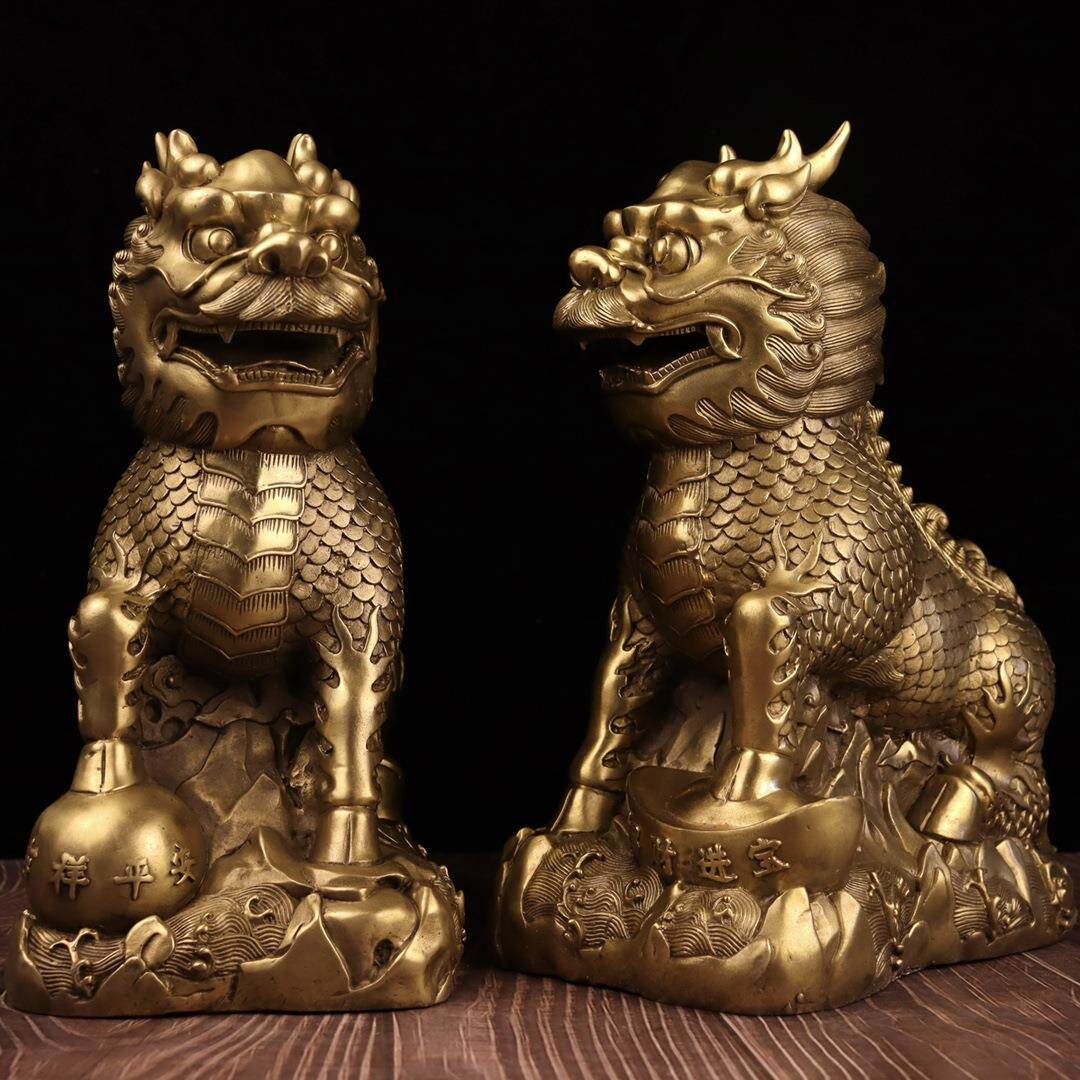 纯铜麒麟摆件精工护宝麒麟一对吉祥平安大小号麒麟家居客厅工艺品