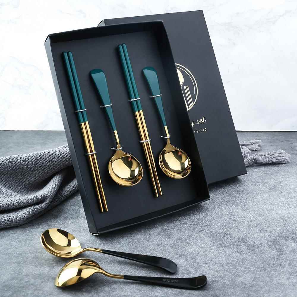 V304不锈钢勺子圆头小勺子 中式勺 勺筷四件套餐具套装中秋礼盒