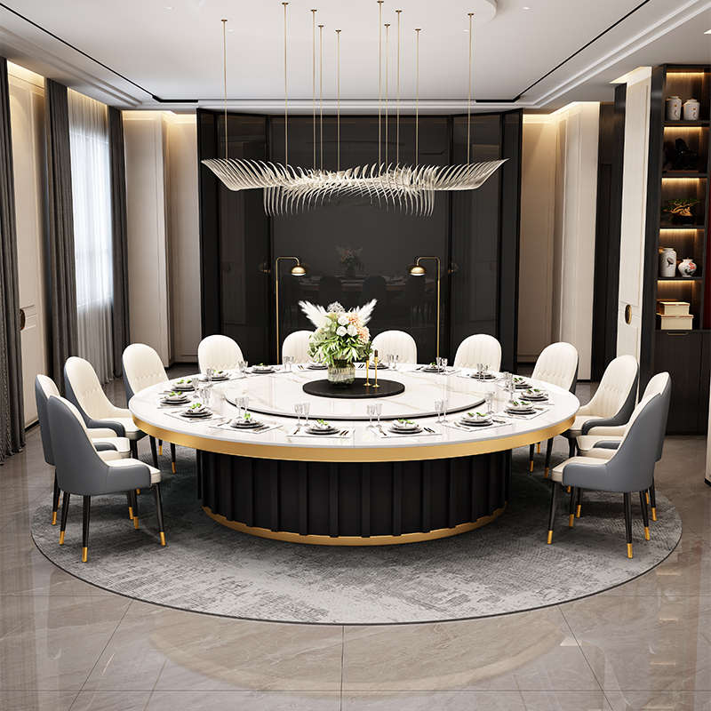 岩板酒店餐桌大圆桌带电动转盘10人现代简约20人电磁炉火锅桌家用