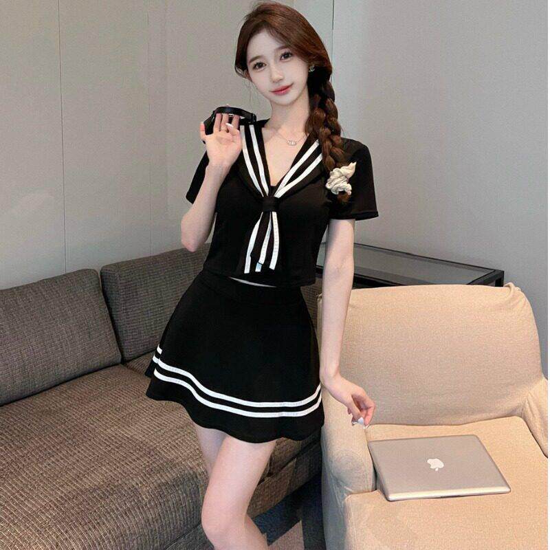 学院风制服套装女减龄夏季短袖衬衫海军领高腰半身裙两件套水手