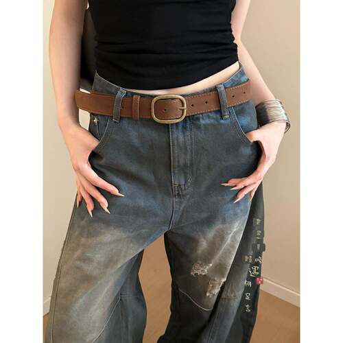 美式覆古咖色卡扣宽皮带女款小众高级感装饰配牛仔裤腰带腰间配饰