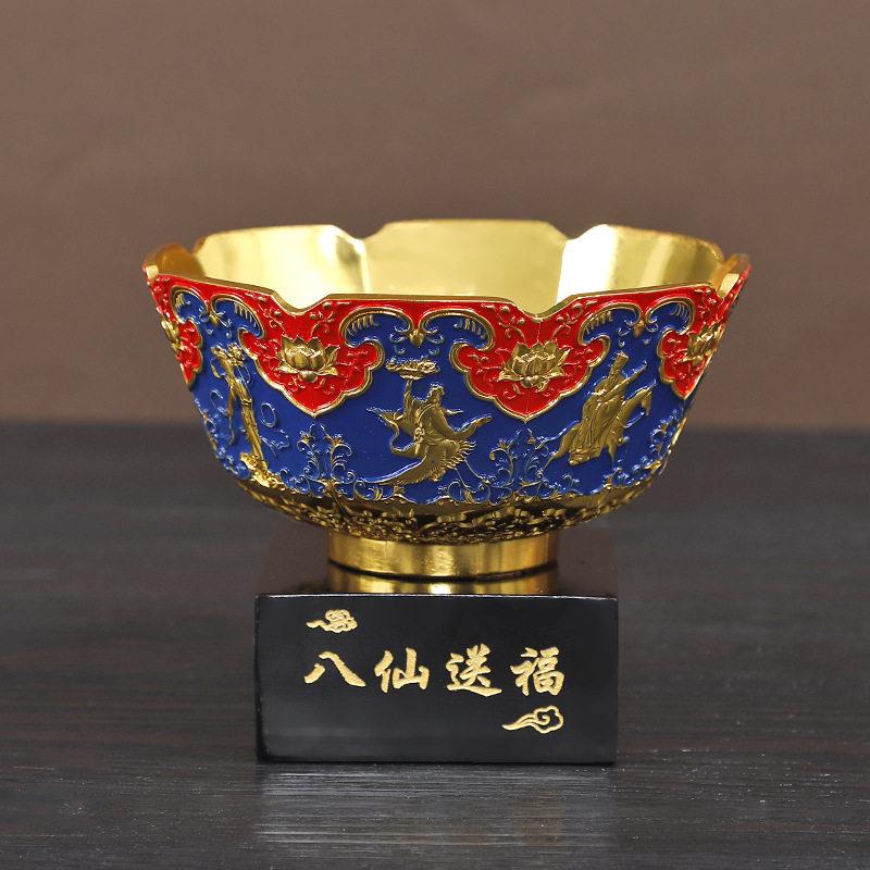 复古珐琅彩金碗摆件仿古精雕八仙送福碗家居风水装饰铜器入门收藏
