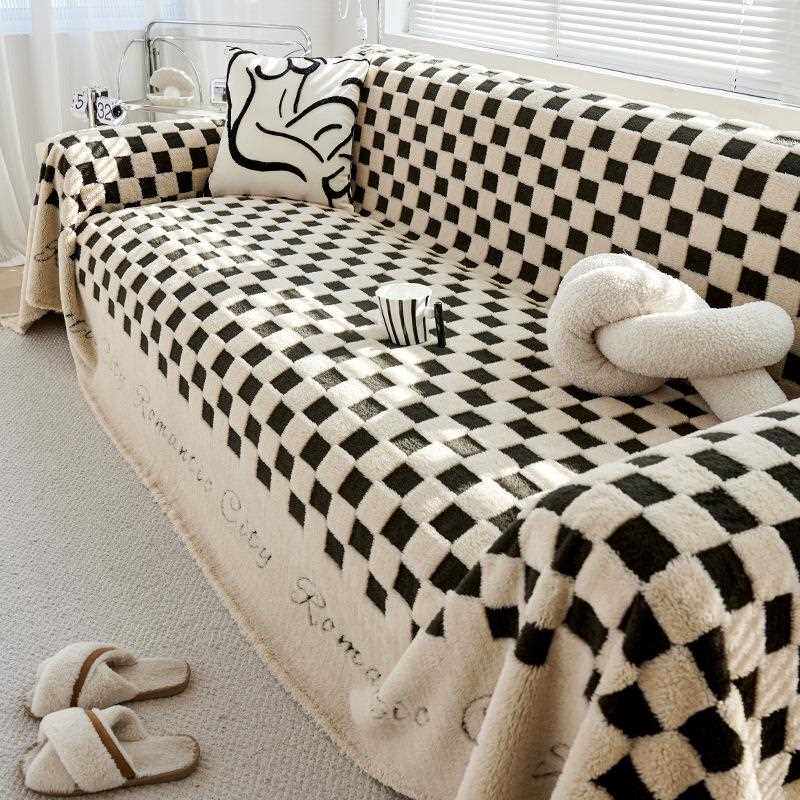 毛绒千QNGSFJ23鸟格沙发英盖全盖耐布冬季加厚防滑脏沙发套毯罩子
